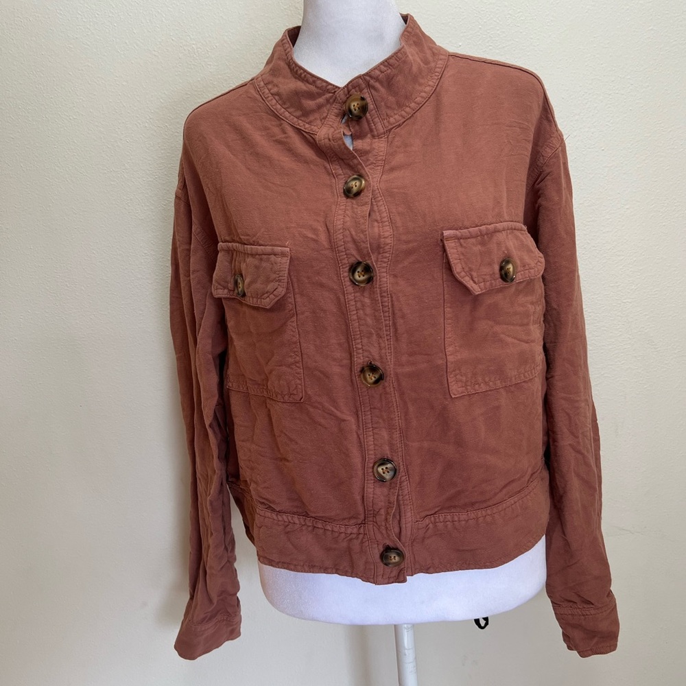 Tribal Jeans Terracotta Linen Blend Utility Jacket Cropped Mock Neck Rust Medium